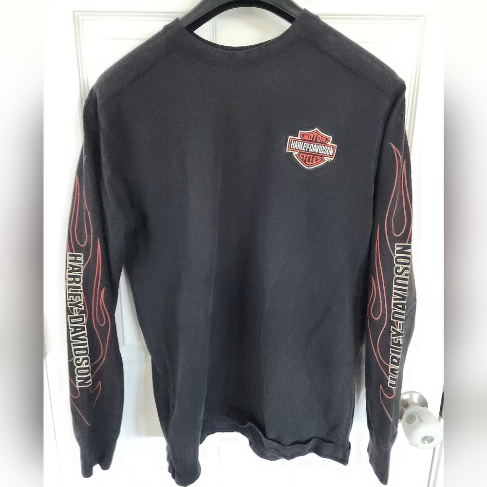 Med. Harley Davidson Long Sleeve T Shirt Embroidered Logo & Flames Shield Logo
